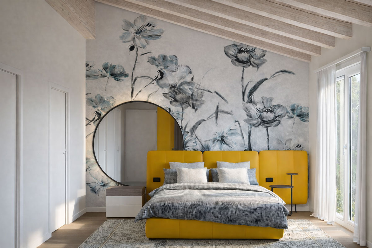 Rendering 3D di una camera matrimoniale, con letto in pelle gialla realizzato su misura e carta da parati floreale moderna