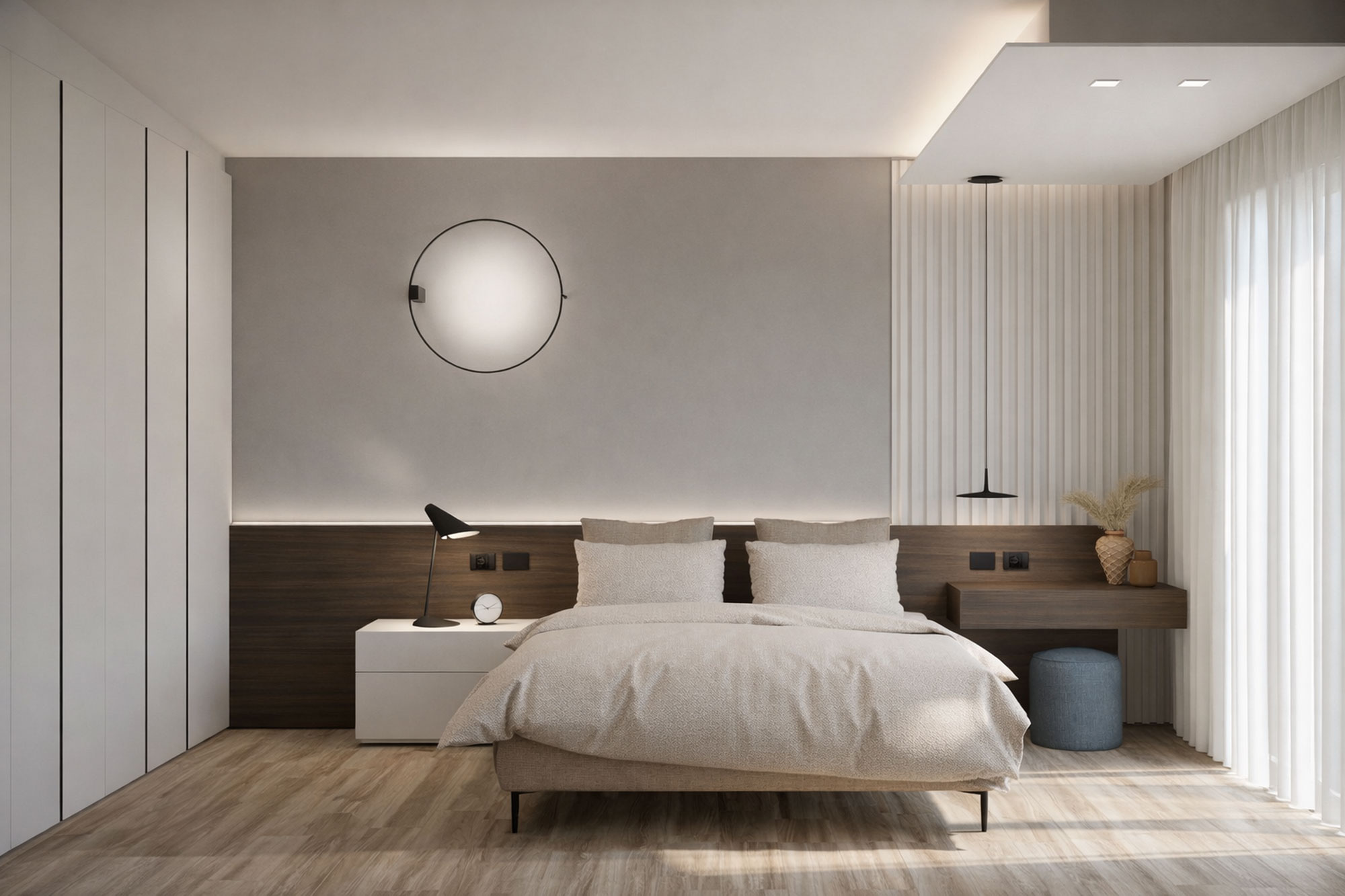 Rendering 3D fotorealistico dell'arredo di una camera da letto in legno scuro