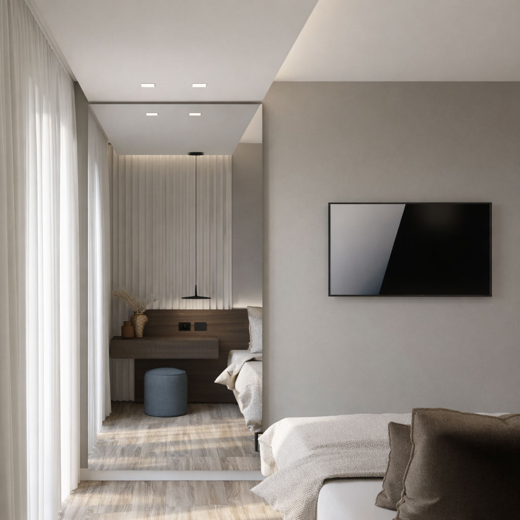 Rendering fotorealistico di una camera da letto