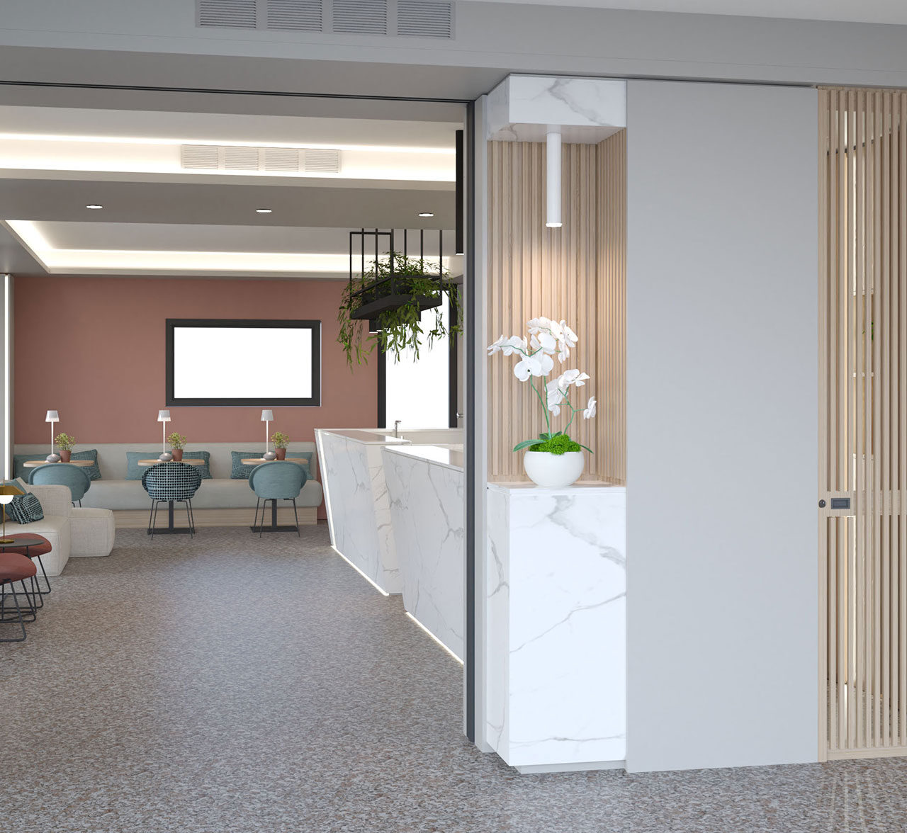 Progetto 3D arredamento reception hotel in marmo bianco