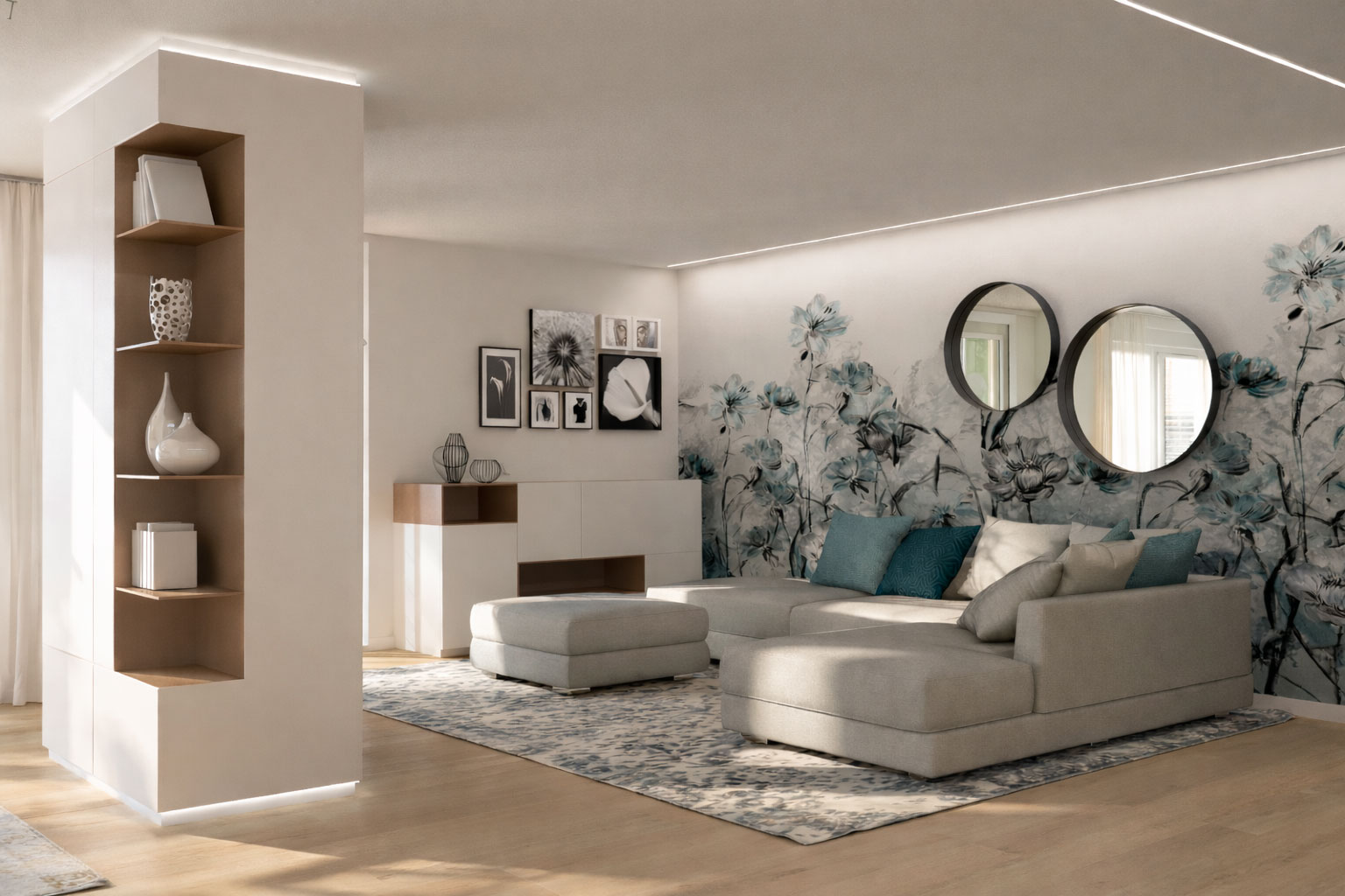 Rendering 3D fotorealistico di un salotto moderno