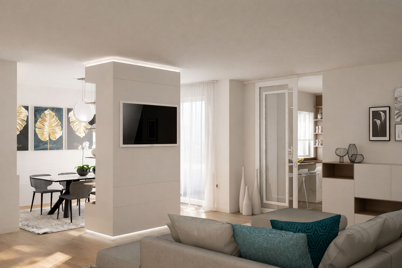 Rendering 3D fotorealistico di una zona giorno moderna