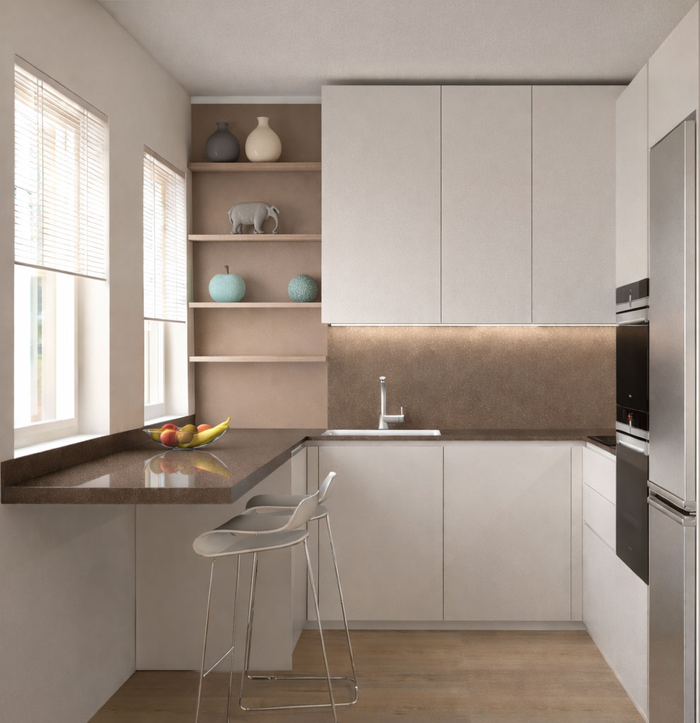 Rendering 3D fotorealistico di una cucina con ante bianche, piani di lavoro e paraschizzi marrone